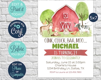 EDITABLE Farm Birthday Invitation, Boy Barn Party, Farm Animals, Barnyard Invitations, Barnyard Birthday Invitation, Farm Party