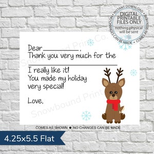 Druckbare Dankeskarte, druckbare Kinderausfüll-Weihnachtsdankekartenkarte, Rentier-Dankeschön, Kinder-Dankeschönkarte, Weihnachten-Dankeschön