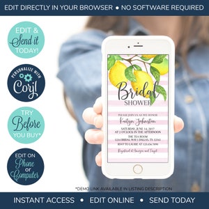 EDITABLE Electronic Lemon Bridal Shower Invitation, Summer Shower, Bridal Shower, Lemon Bridal Brunch, Wedding Shower, Lemon Invitation