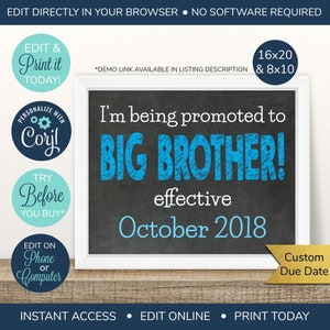 EDITABLE Pregnancy Announcement, Big Brother Announcement, Sibling Announcement, Baby Number 2, Big Brother Sign, Second Baby, 2nd Pregnancy