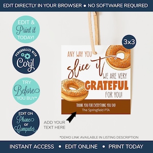 May include: A printable 3x3 inch thank you tag with a bagel illustration. The tag says "Any way you slice it, we are very grateful for you!" and "Thank you for everything you do! The Springfield PTA".