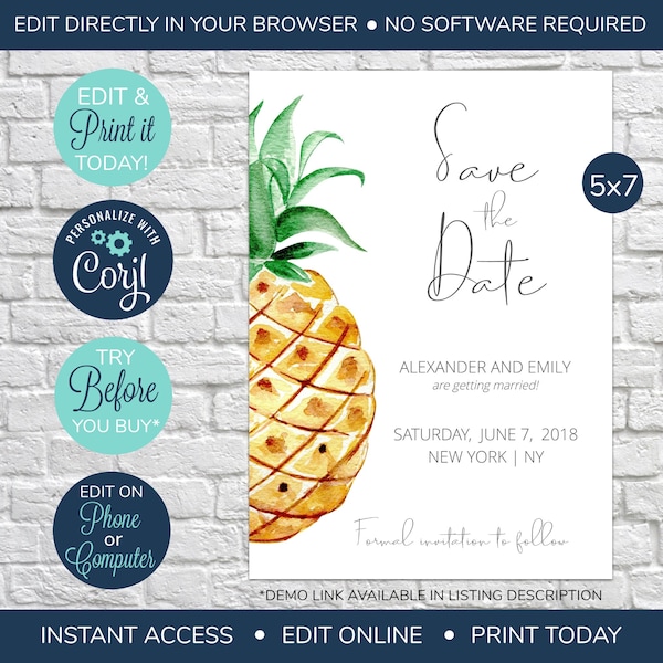 EDITABLE Tropical Pineapple Save the Date, save the date card, save-the-date, tropical save the date, wedding invitation, save the date