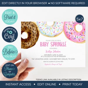 EDITABLE Baby Sprinkle Invitation, Sprinkle Baby Shower Invite, Pink Donuts, Baby Girl, Donut Baby Shower, Doughnut Baby Shower Invite
