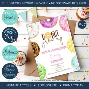 EDITIERBARE Donut Grow Up Einladung zur Geburtstagsfeier, Donut Party einladen, Donut Geburtstag, Donut Geburtstag, Donut einladen, erster Geburtstag