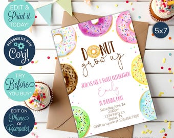 Invitación editable para fiesta de cumpleaños de Donut Grow Up, invitación para fiesta de donuts, cumpleaños de donuts, cumpleaños de donuts, invitación de donuts, primer cumpleaños