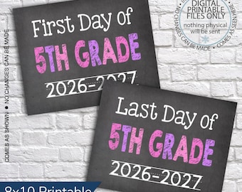 Imprimible del primer y último día de quinto grado 2026-2027, Imprimible del primer día de clases, Imagen del primer día, Letrero de pizarra, Letrero del último día