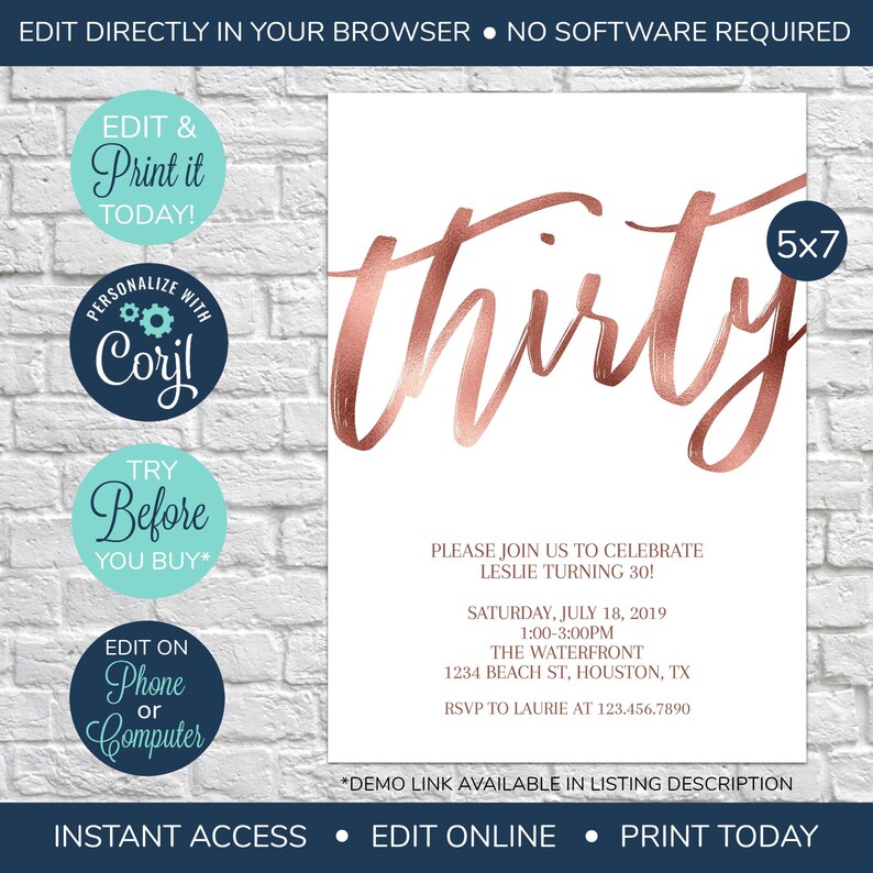 EDITABLE Rose Gold 30th Birthday Invitation Elegant 30th ...