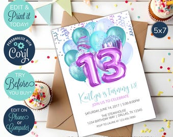 May include: A printable 5x7 inch birthday invitation with a purple number 13 balloon surrounded by blue and purple balloons. The text reads "Kaitlyn is turning 13! Join us to celebrate Saturday, June 14, 2017 | 5:00-8:00PM The Steakhouse 1234 Birthday Way | Dallas, TX 12345 RSVP to Laurie at 123.456.7890"