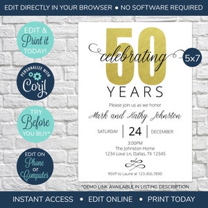 EDITABLE 5th Anniversary Invitation, Gold Anniversary Invitation, Anniversary Shower, Wedding Anniversary, Gold 50th Invitation