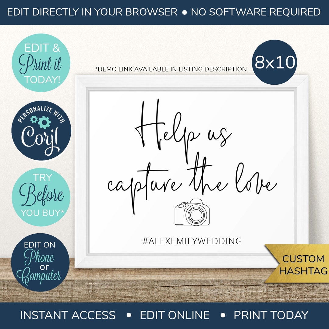 EDITABLE Help Us Capture the Love Sign, Wedding Hashtag Printable ...