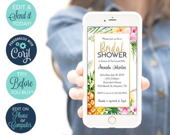 May include: A digital invitation for a bridal shower with a tropical theme. The invitation features a floral design with pineapples, palm leaves, and hibiscus flowers. The text on the invitation reads "Please join us for a Bridal Shower in honor of the future Mrs. Amanda Johnston. Saturday, July 18, 2019 1:00-3:00pm Amanda's House 1234 Beach St, Houston, TX RSVP to Laurie at 123.456.7890 Amanda is registered at Target."