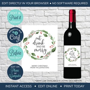 Étiquette de vin de Noël MODIFIABLE, mangez, buvez et soyez joyeux, étiquettes de bouteille de vin imprimables, étiquette de vin cadeau de Noël, alternative de carte de vœux