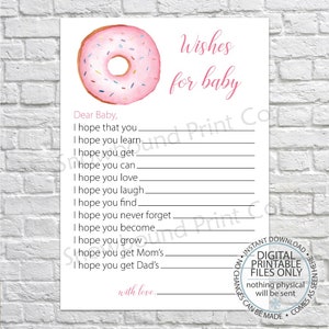 Deseos imprimibles para el juego de baby shower, deseos de ducha para el bebé, juego de aspersión para bebés, alternativa al libro de visitas, baby girl shower, donut shower