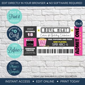 EDITABLE Movie Night Birthday Invites, Birthday party invitation, Movie invitation, Movie Ticket Birthday, Movie Night Ticket Birthday