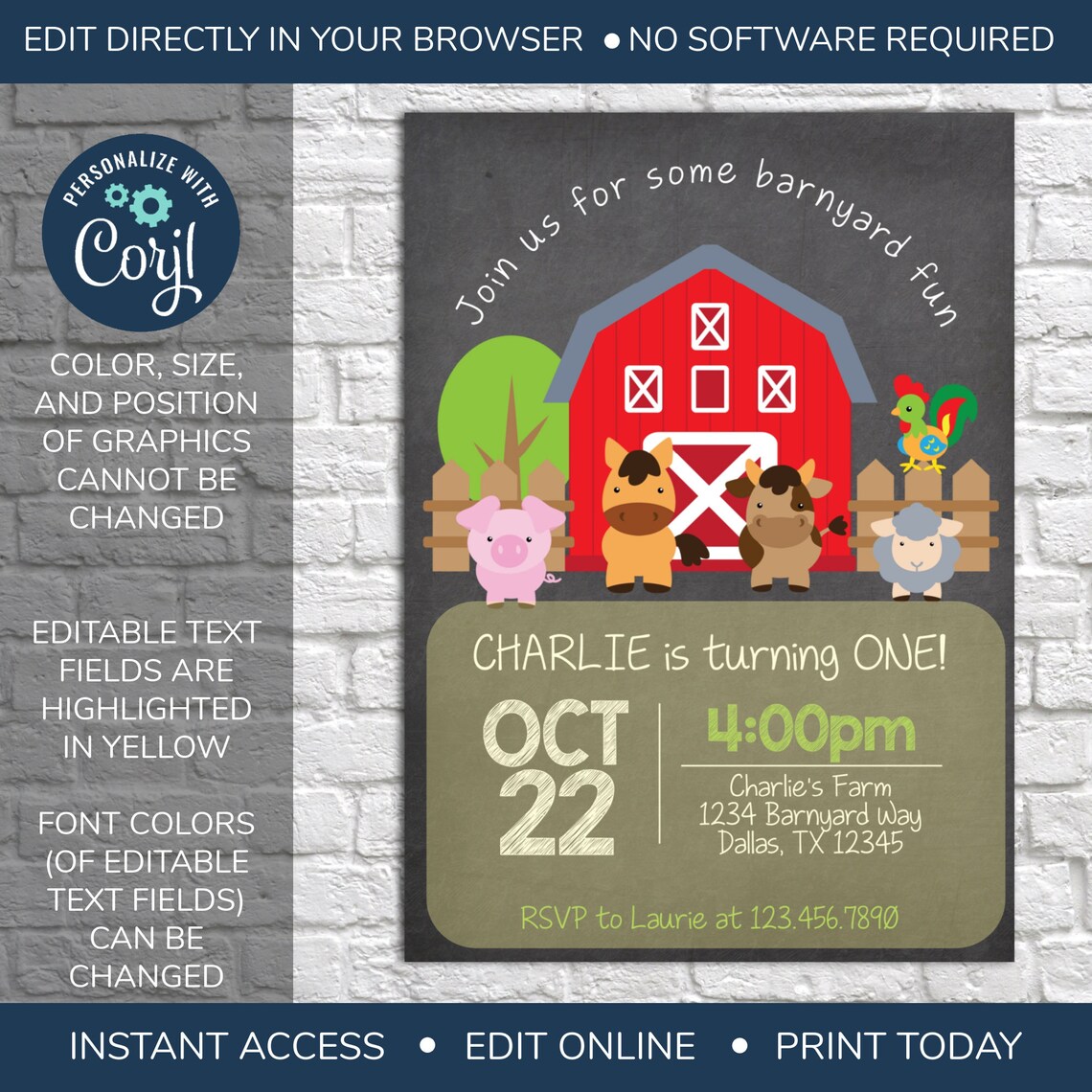 EDITABLE Farm Birthday Invitation, Farm Invitation, Barnyard Invitation ...