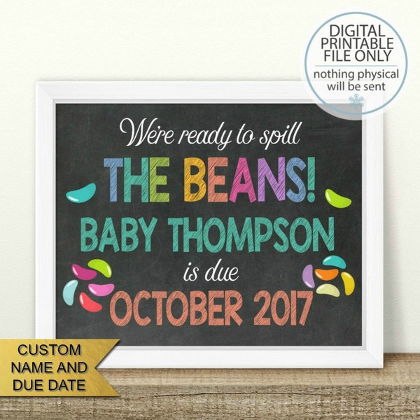 PRINTABLE Easter Pregnancy Announcement, Spill the Beans, Easter baby is due, Jelly Beans Baby Chalkboard Photo Prop, Pregnancy Announcement