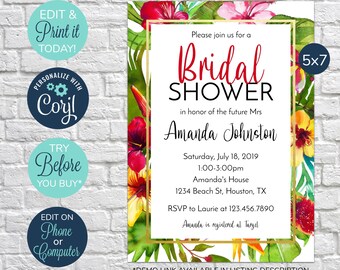 BEWERKBARE tropische bruids douche uitnodiging, bloemen uit te nodigen, bruids douche, bloemen bruids douche, bruiloft douche uitnodiging, Hawaiiaanse douche
