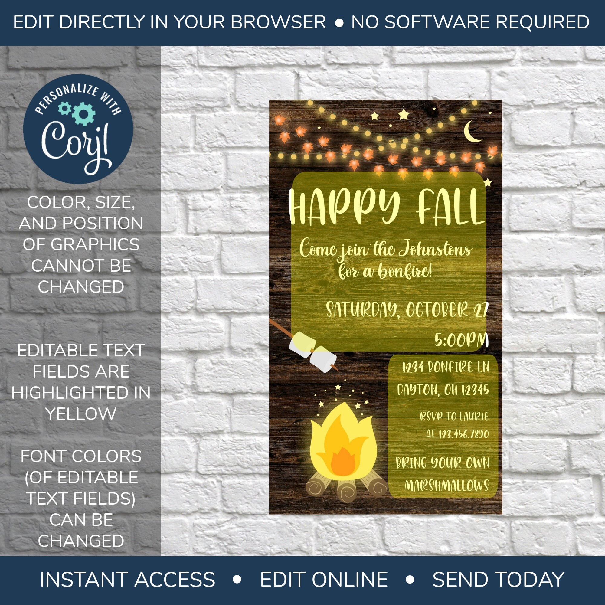 Fall R Invitations Bonfire EDITABLE Electronic Fall Party Invitation, Bonfire Invitation, Autumn ...