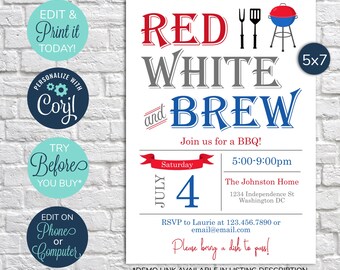 EDITABLE Red, White, and Brew Invitation, 4th of July Invitation, Backyard BBQ Invitation, Barbecue Invitation, Backyard Party