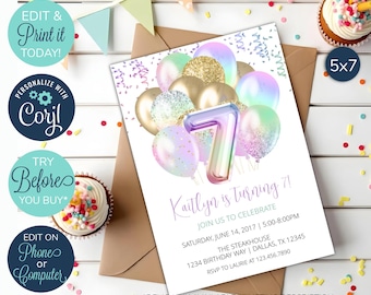 EDITABLE 7th Birthday Invitation, Pastel Rainbow 7th Invitation, Seven Birthday Party, Seventh Birthday Invite, Balloons Invitation, Purple