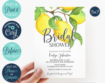 EDITABLE Lemon Bridal Shower Invitation, Boho Watercolor Lemon, Lemonade Shower, Summer Bridal Shower, Bridal Shower Template, Simple