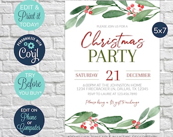 Può includere: Un invito a una festa di Natale stampabile di 12,7 x 17,8 cm con un design ad acquerello di foglie di agrifoglio e bacche. L'invito è modificabile e include il testo "Unisciti a noi per una festa di Natale", "Sabato 21 dicembre", "18:00 al Johnston Home", "1234 Firecracker Ln, Dallas, TX 12345", "RSVP a Laurie al 123.456.7890", e "Porta un regalo da 5 $ da scambiare".