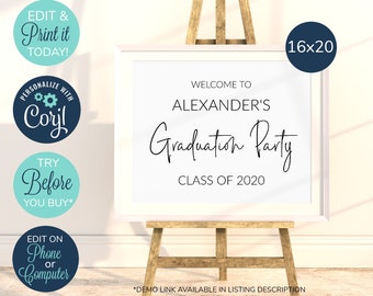 Può includere: Un cartello bianco con testo nero su un cavalletto. Il cartello dice "Benvenuti alla festa di laurea di Alexander Classe 2020". Il cartello misura 40,6 x 50,8 cm.