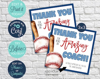Modificabile Etichetta regalo di apprezzamento per allenatore di baseball, Etichetta regalo per allenatore, Apprezzamento della squadra di baseball, Grazie a un allenatore straordinario, Fine stagione