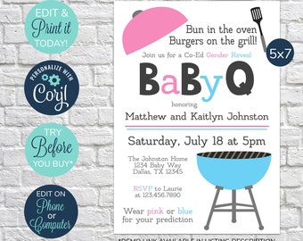 EDITABLE Baby Q Invitation, Gender Reveal Invitation, Backyard BBQ Invitation, Baby Shower Barbeque Invitation, Couples Baby Shower