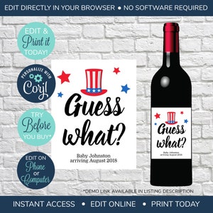 EDITABLE 4th of July Pregnancy Announcement Wine Label, Baby Reveal Wine Label, Guess What, Wine Bottle Lables, Baby Announcement Wine Label