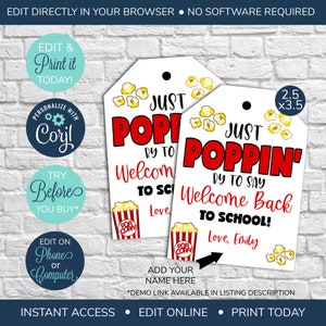 EDITABLE Popcorn Welcome Back Gift Tag, Back to School Teacher Staff Employee School Appreciation Gift, Appreciation Tag, Poppin By to Say
