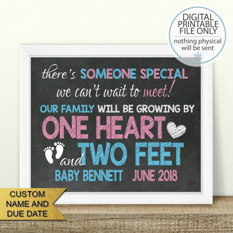 chalkboard sign first baby PRINTABLE Pregnancy Announcement pink or blue pregnancy reveal baby announcement One heart and Two feet