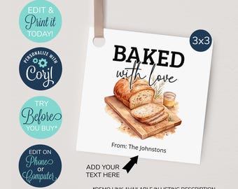 Étiquette MODIFIABLE « Baked with Love », Étiquettes imprimables pour aliments et produits de boulangerie, De la cuisine de, Fabriqué avec amour, Cadeau pour hôtesse, Étiquettes cadeaux alimentaires