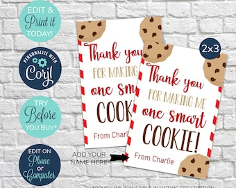 Etiquetas de biscoito inteligentes EDITÁVEIS, para impressão, obrigado por me fazer um biscoito inteligente, etiquetas de presente de agradecimento ao professor, etiqueta de agradecimento do professor