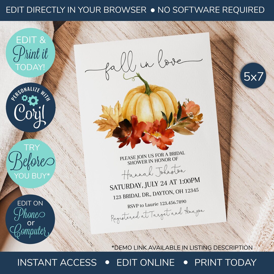 EDITABLE Fall Bridal Shower Invitation, Autumn Leaves Invite, Bridal ...