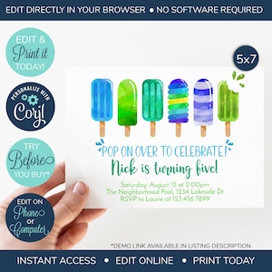EDITABLE Popsicle Birthday Invites, Birthday party invitation, Pop on Over to Celebrate invitation, Summer party invitation, Popsicle Party