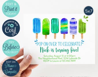 EDITABLE Popsicle Birthday Invites, Birthday party invitation, Pop on Over to Celebrate invitation, Summer party invitation, Popsicle Party