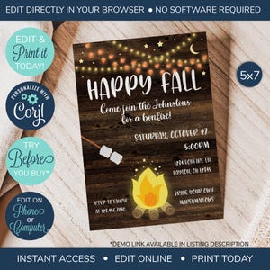 May include: A printable 5x7 inch invitation for a bonfire party. The invitation has a rustic wood background with a campfire, string lights, and stars. The text reads "Happy Fall, Come join the Johnstons for a bonfire! Saturday, October 27, 5:00PM, 1234 Bonfire Ln, Dayton, OH 12345, RSVP to Laurie at 123.456.7890, Bring your own marshmallows."