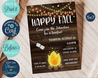 EDITABLE Fall Party Invitation, Fall Party Invite, Bonfire Invitation, Autumn Harvest, Harvest Party, Fall Fest, Smores, Fall Leaves Invite