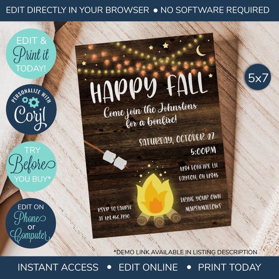 EDITABLE Fall Party Invitation, Fall Party Invite, Bonfire Invitation, Autumn Harvest, Harvest Party, Fall Fest, Smores, Fall Leaves Invite