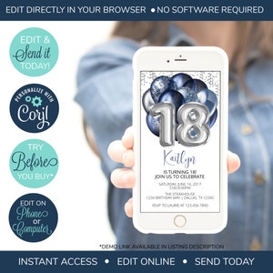 EDITABLE Electronic 18th Birthday Invitation, Adult Birthday Party Invitation, Surprise Birthday Invitation, Navy Invitation, Adult Party
