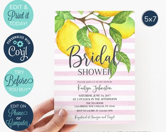 EDITABLE Lemon Bridal Shower Invitation, Boho Watercolor Lemon, Lemonade Shower, Summer Bridal Shower, Bridal Shower Template, Simple