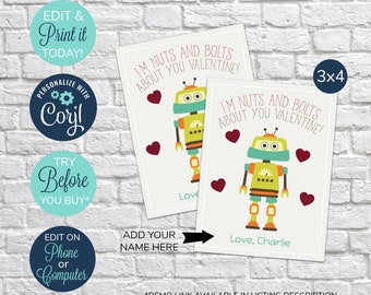 EDITABLE Classroom Valentine's Day Cards, Nuts and Bolts, Robot Valentine, printable valentine, Nuts and Bolts valentine, Robot Card