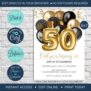 EDITABLE 50th Birthday Invitation, Black and Gold 50th Invitation, Surprise Birthday Party, 50th Birthday Invite, Balloons Invitation