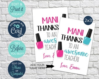 EDITABLE Mani Thanks Teacher Tag, Printable Thank You For Being an Awesome Teacher, Teacher Appreciation Gift Tags, Teacher thank you tag