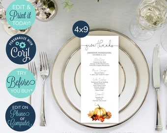 May include: A printable Thanksgiving menu template with a watercolor illustration of a pumpkin and fall leaves. The menu is titled "give thanks" and includes a list of dishes for a Thanksgiving dinner. The text "DEMO LINK AVAILABLE IN LISTING DESCRIPTION" is at the bottom of the menu.