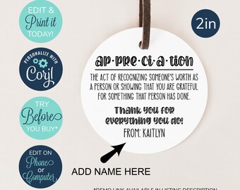 EDITABLE Appreciation Gift Tag, Teacher Staff Employee School Appreciation Week Gift, Teacher Thank You, Employee, Health Care Worker