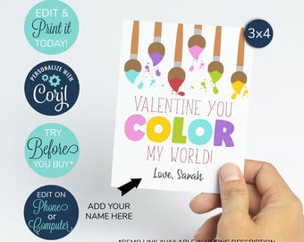 EDITABLE Classroom Valentine's Day Cards, Valentine You Color My World, printable valentine, classroom valentine, Paintbrush Valentine