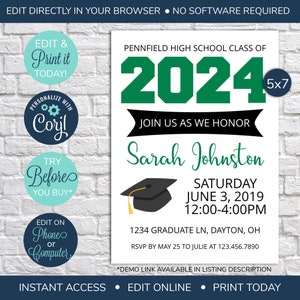 EDITABLE Green Class of 2024, Graduation Open House Invitation, Graduation Invitation, Graduation Party, High School, College Graduation