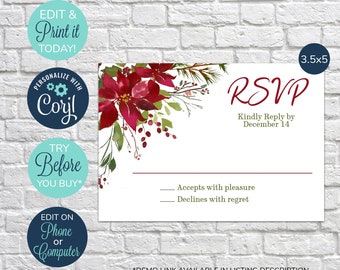 EDITABLE Christmas RSVP Response Card, Holiday Response Card, Christmas Wedding RSVP Card, Kindly Reply, Poinsettia Card, Christmas